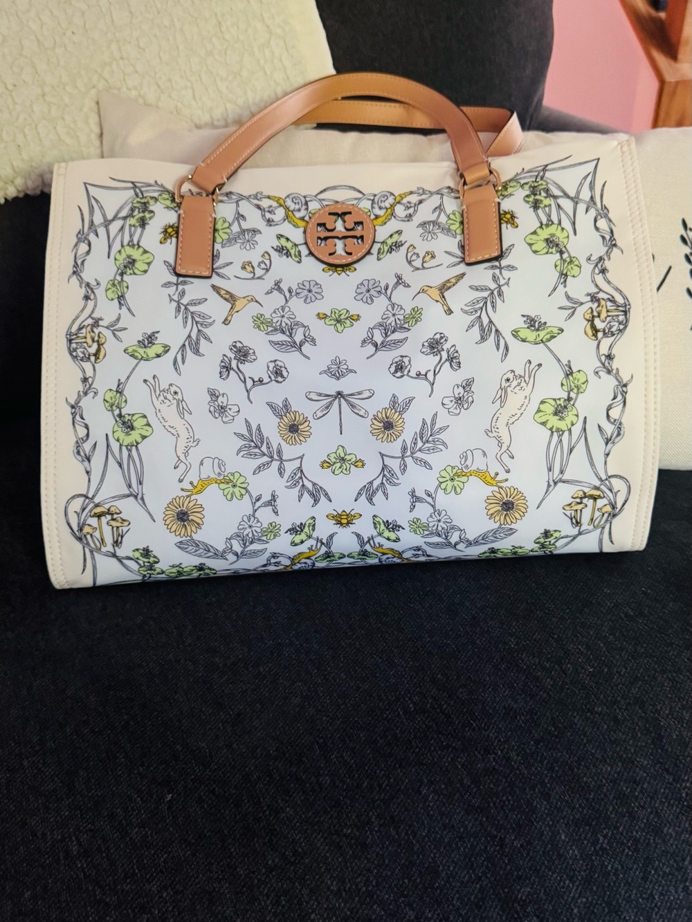 Tory Burch White Floral Print Tote with Tan Handles